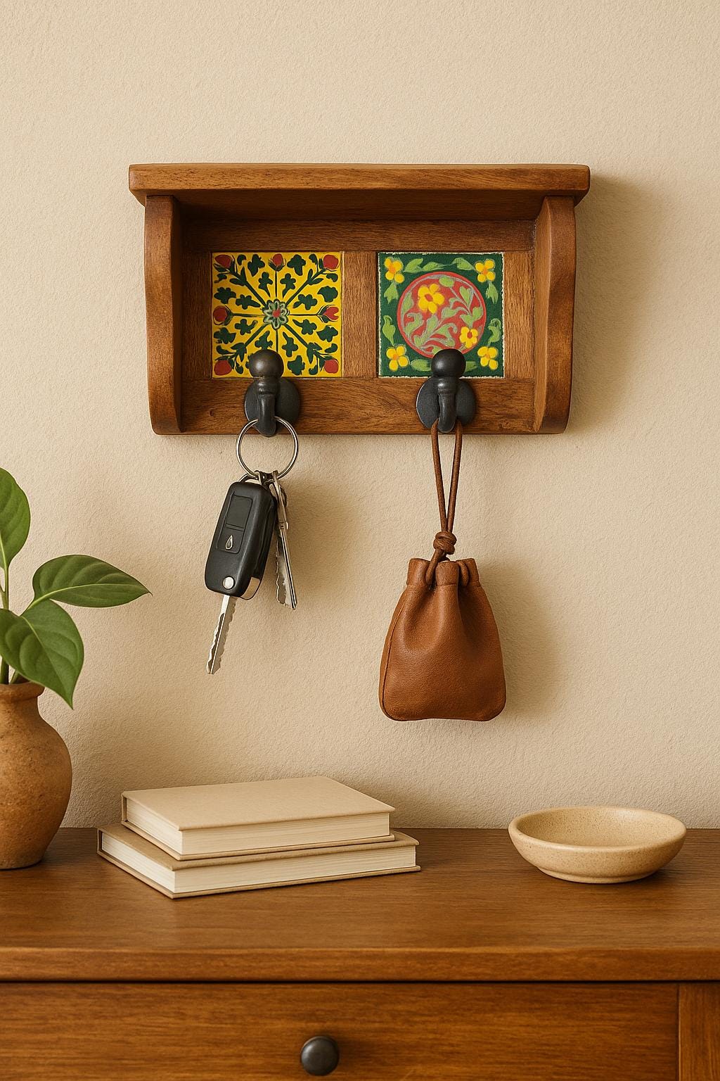 Ceramic Tile Key Rack  Minimalist Wooden Wall 2 Hook for Entryway or Office