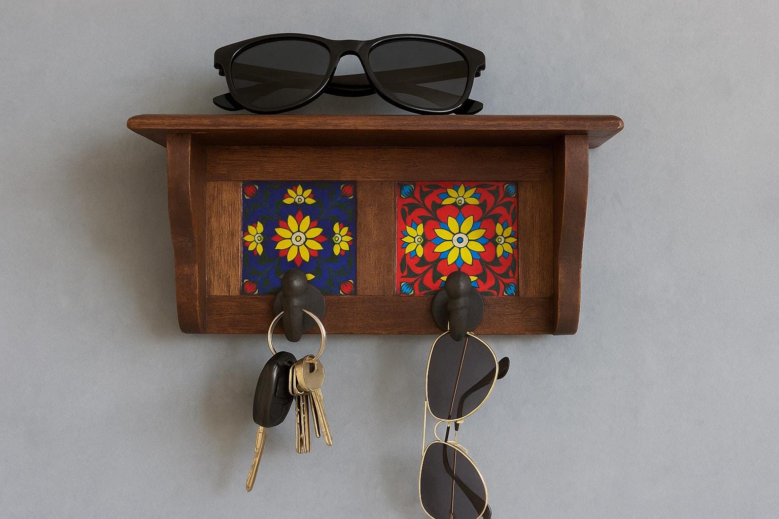 Dark Brown Ceramic Tile Key Rack  Minimalist Wooden Wall 2 Hook for Entryway or Office