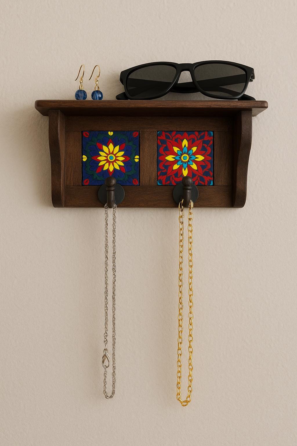 Dark Brown Ceramic Tile Key Rack  Minimalist Wooden Wall 2 Hook for Entryway or Office