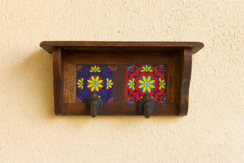 Dark Brown Ceramic Tile Key Rack  Minimalist Wooden Wall 2 Hook for Entryway or Office