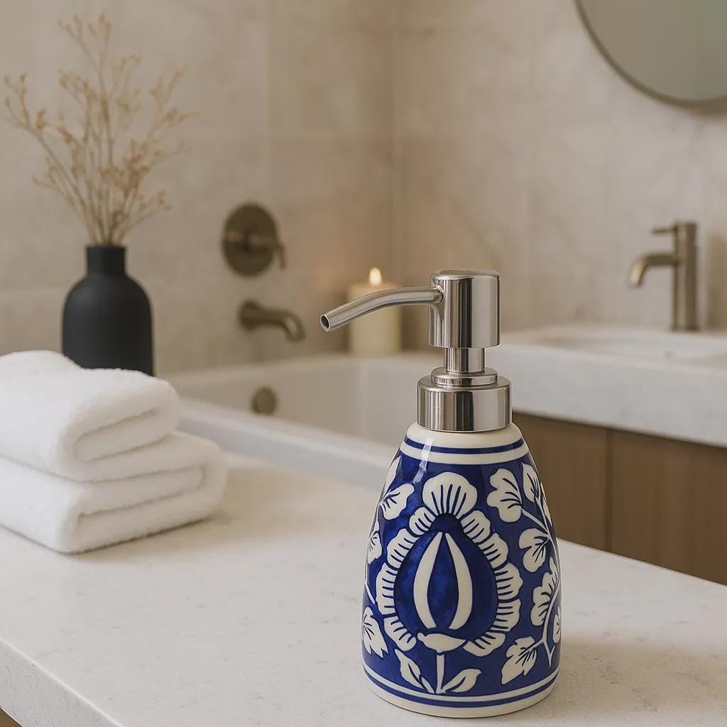 Blue Floral Ceramic Soap Dispenser - Handcrafted Bathroom