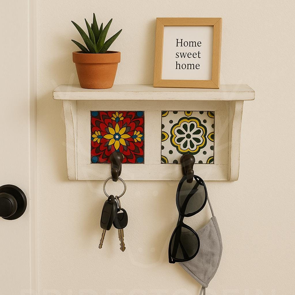 Rustic Handmade Wooden Wall Shelf with Ceramic Tiles & Strong Hooks  Rustic Key Holder, Jewelry, Towel, and Accessory Organizer