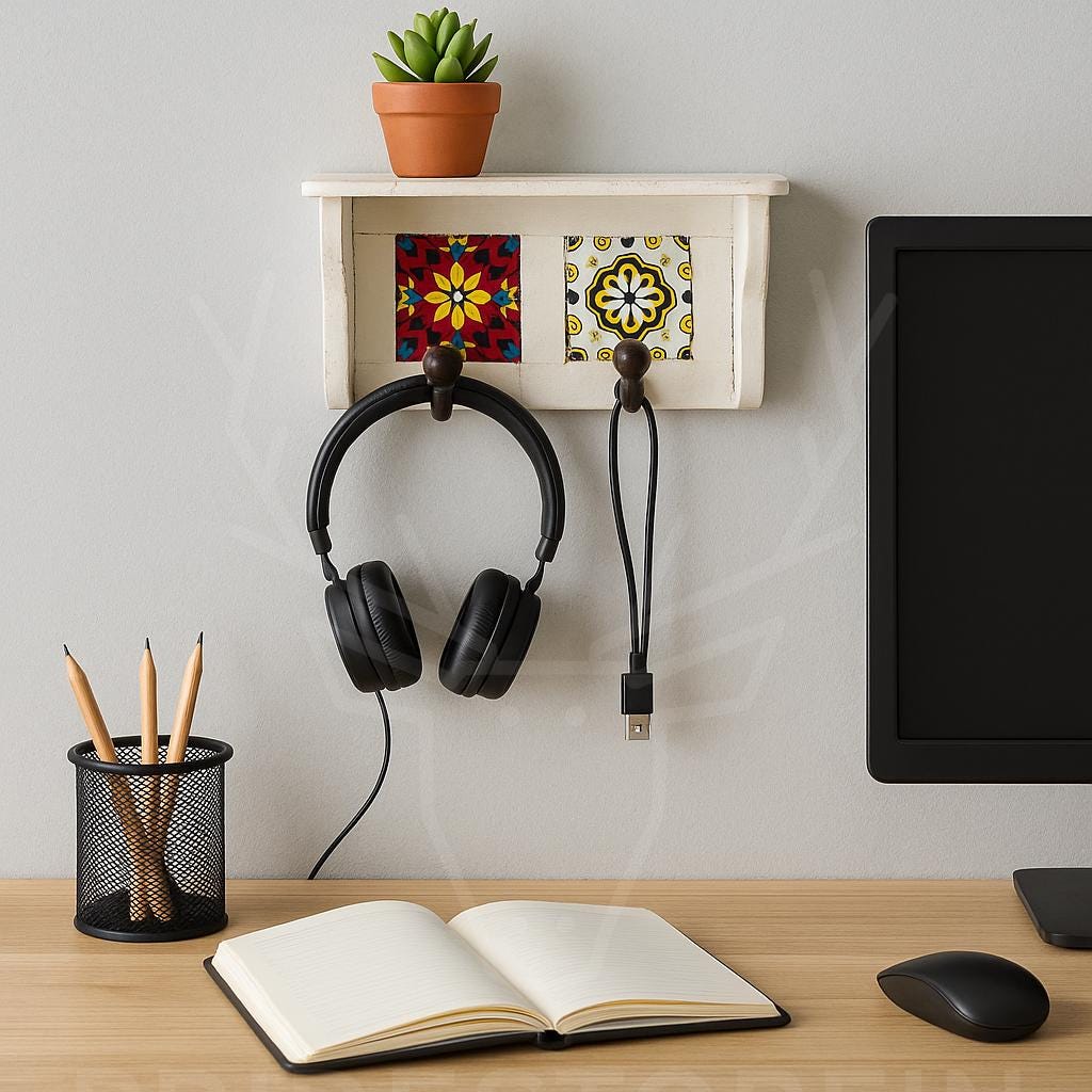 Rustic Handmade Wooden Wall Shelf with Ceramic Tiles & Strong Hooks  Rustic Key Holder, Jewelry, Towel, and Accessory Organizer