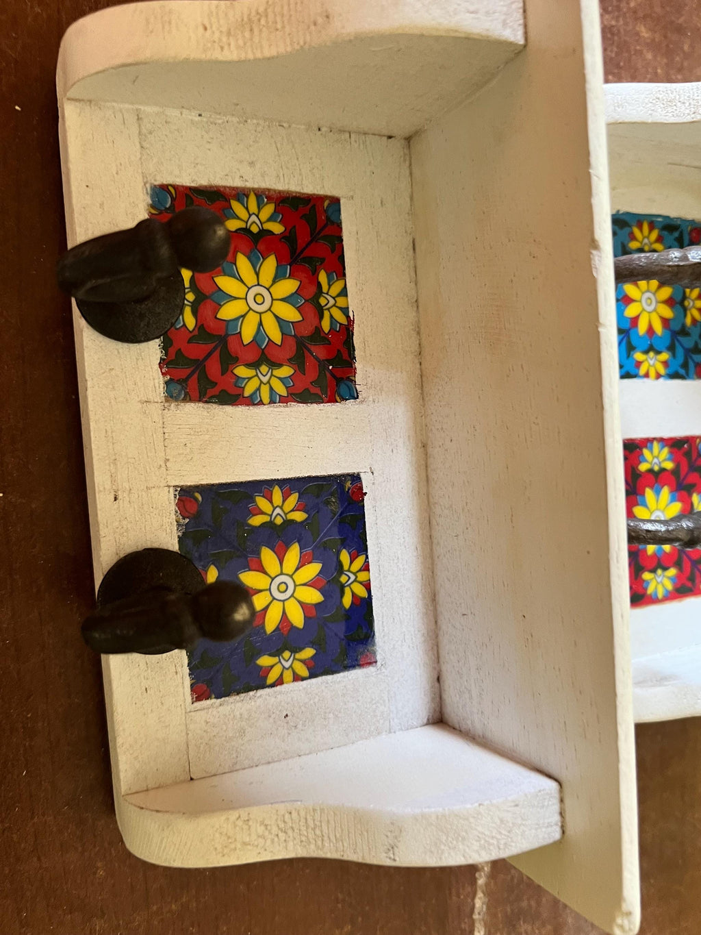 Rustic Handmade Wooden Wall Shelf with Ceramic Tiles & Strong Hooks  Rustic Key Holder, Jewelry, Towel, and Accessory Organizer