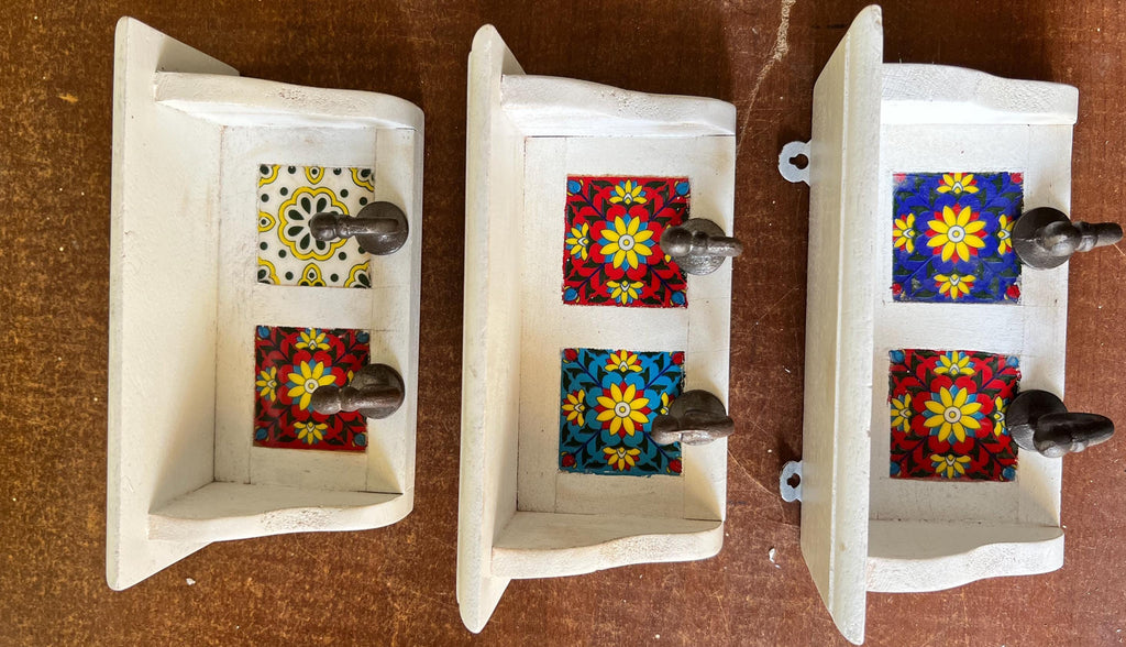 Rustic Handmade Wooden Wall Shelf with Ceramic Tiles & Strong Hooks  Rustic Key Holder, Jewelry, Towel, and Accessory Organizer