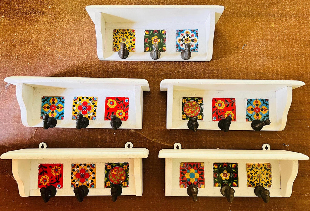 Key Holder Rustic White Wood : Colorful Ceramic Tile Rack