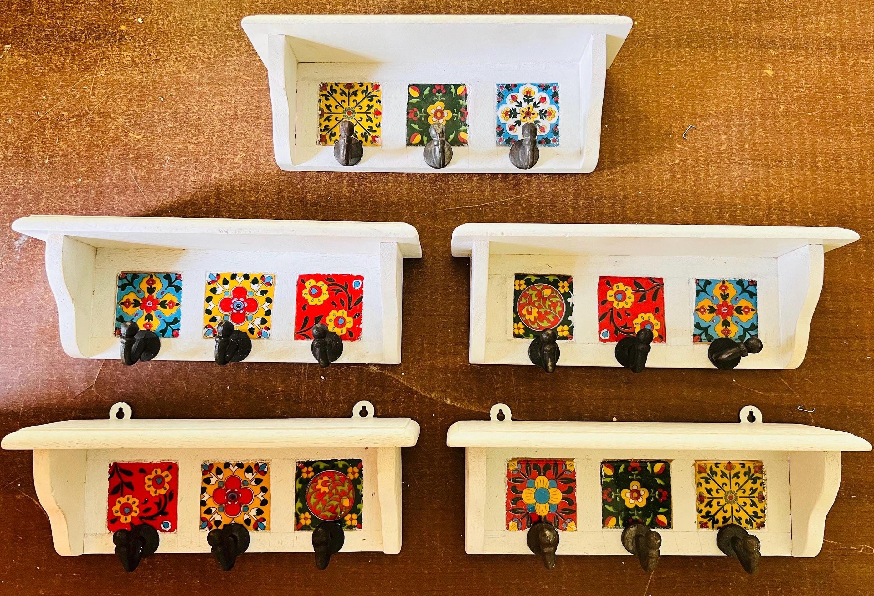 Key Holder Rustic White Wood : Colorful Ceramic Tile Rack