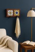 Bohemian Entryway 2 Wall Hook  White Wooden Key Rack with Ceramic Tile Inlay - Modern Entryway Organizer(Tiles design will be Random)