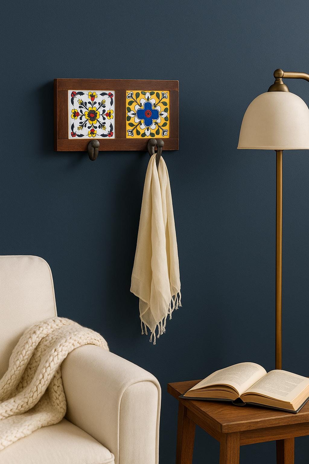 Bohemian Entryway 2 Wall Hook  White Wooden Key Rack with Ceramic Tile Inlay - Modern Entryway Organizer(Tiles design will be Random)