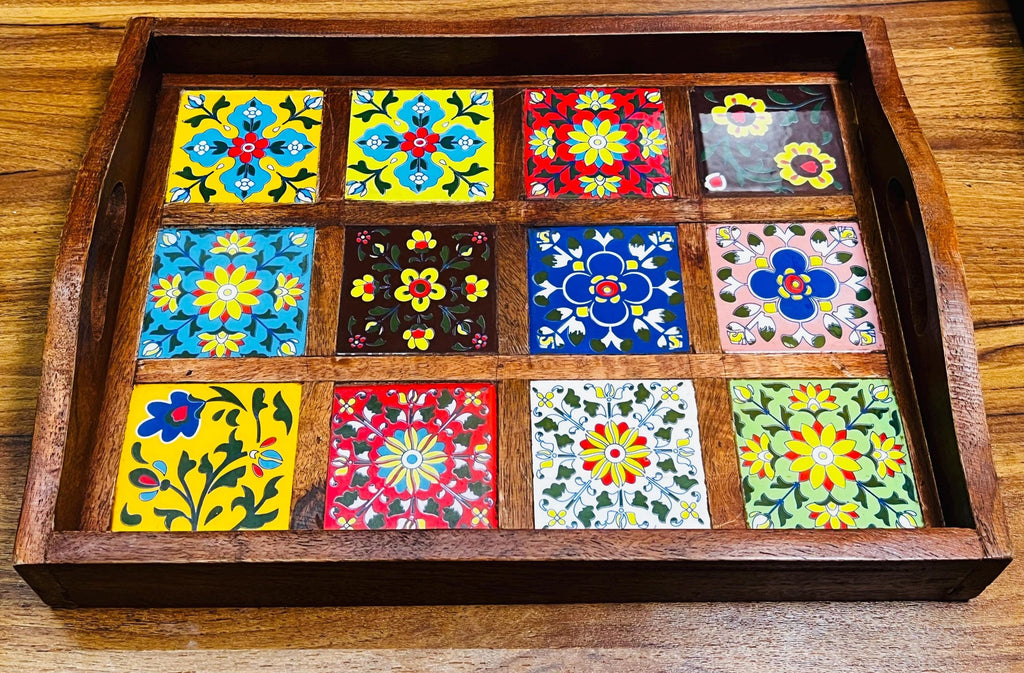 Wooden Serving Tray - 12 Ceramic Tiles