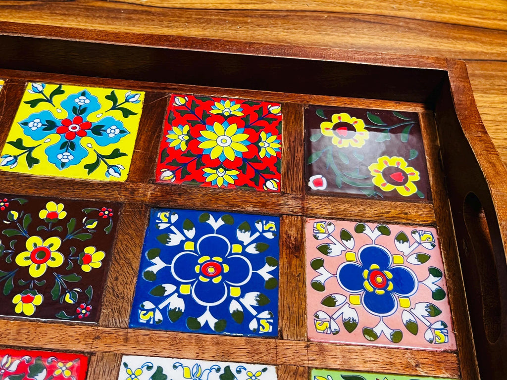 Wooden Serving Tray - 12 Ceramic Tiles