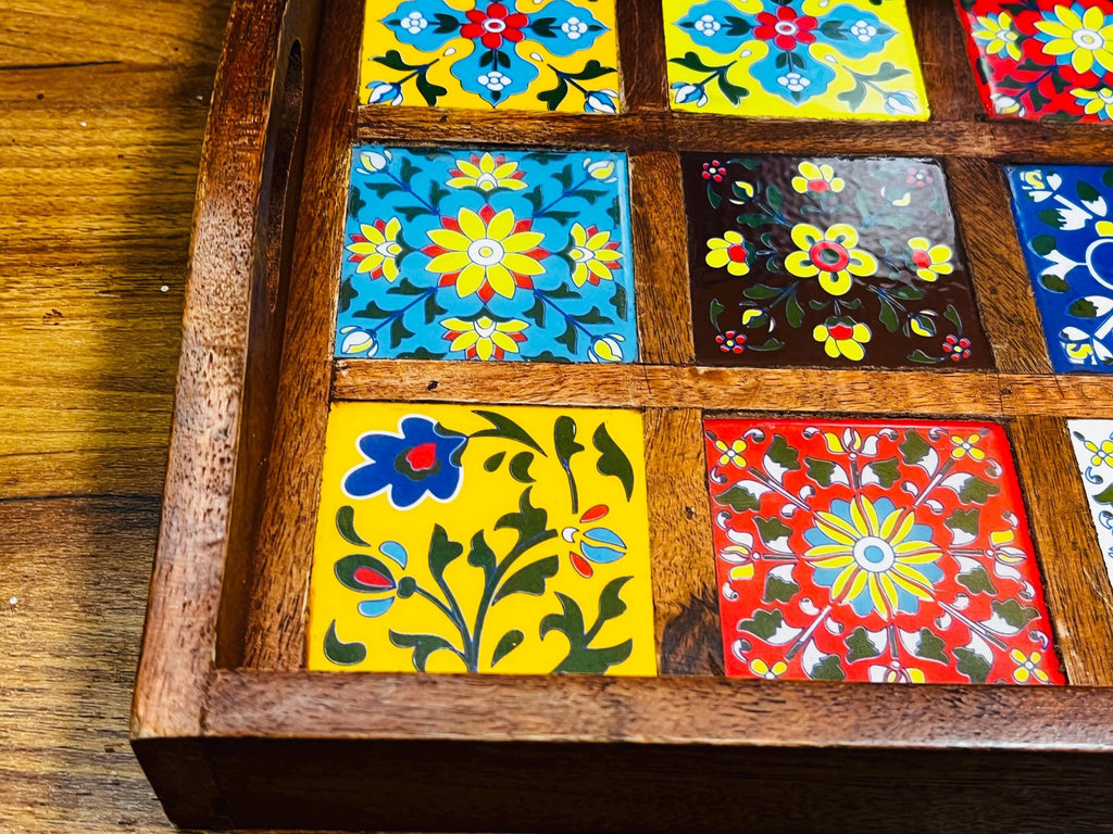 Wooden Serving Tray - 12 Ceramic Tiles