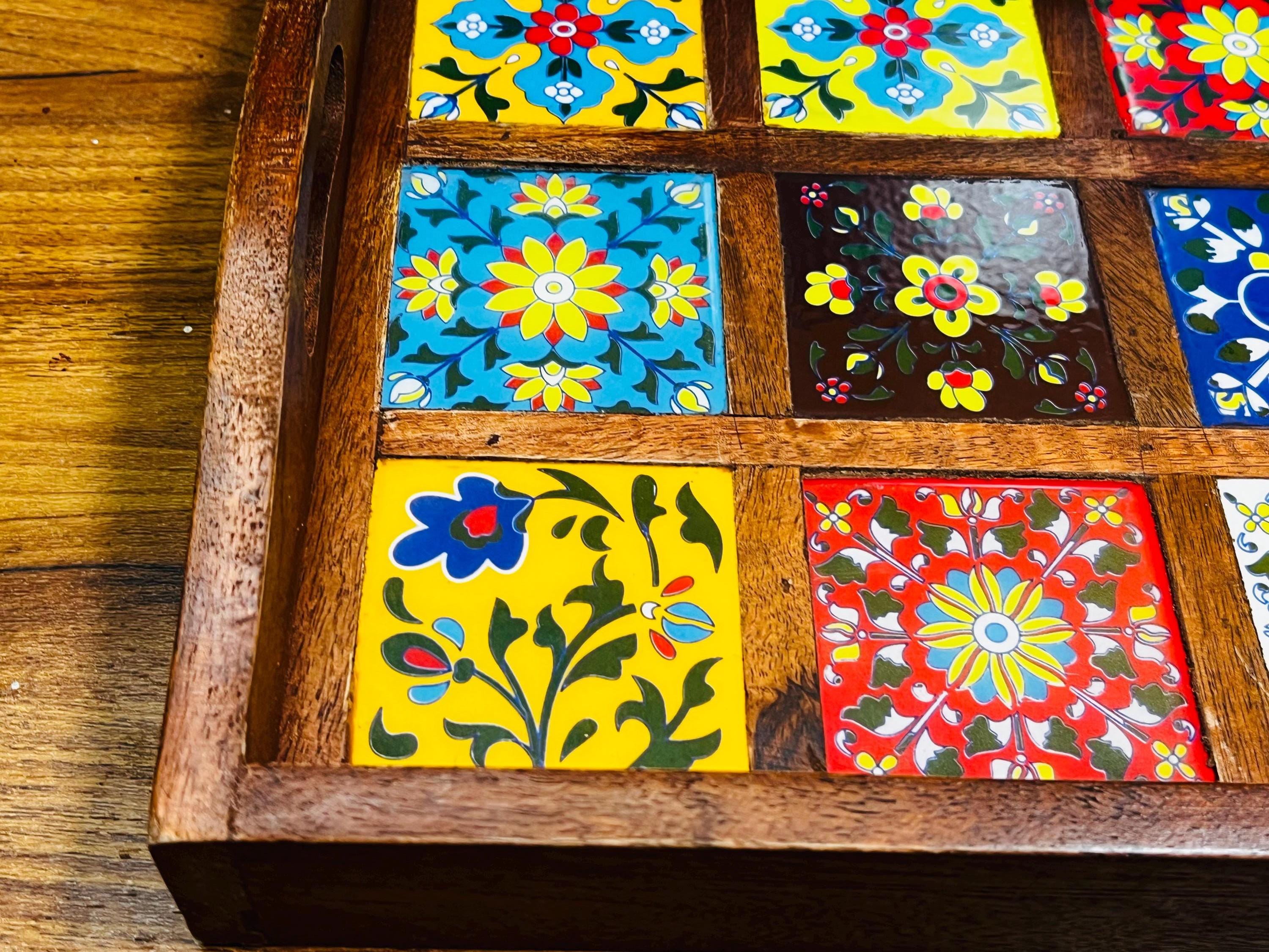 Wooden Serving Tray - 12 Ceramic Tiles
