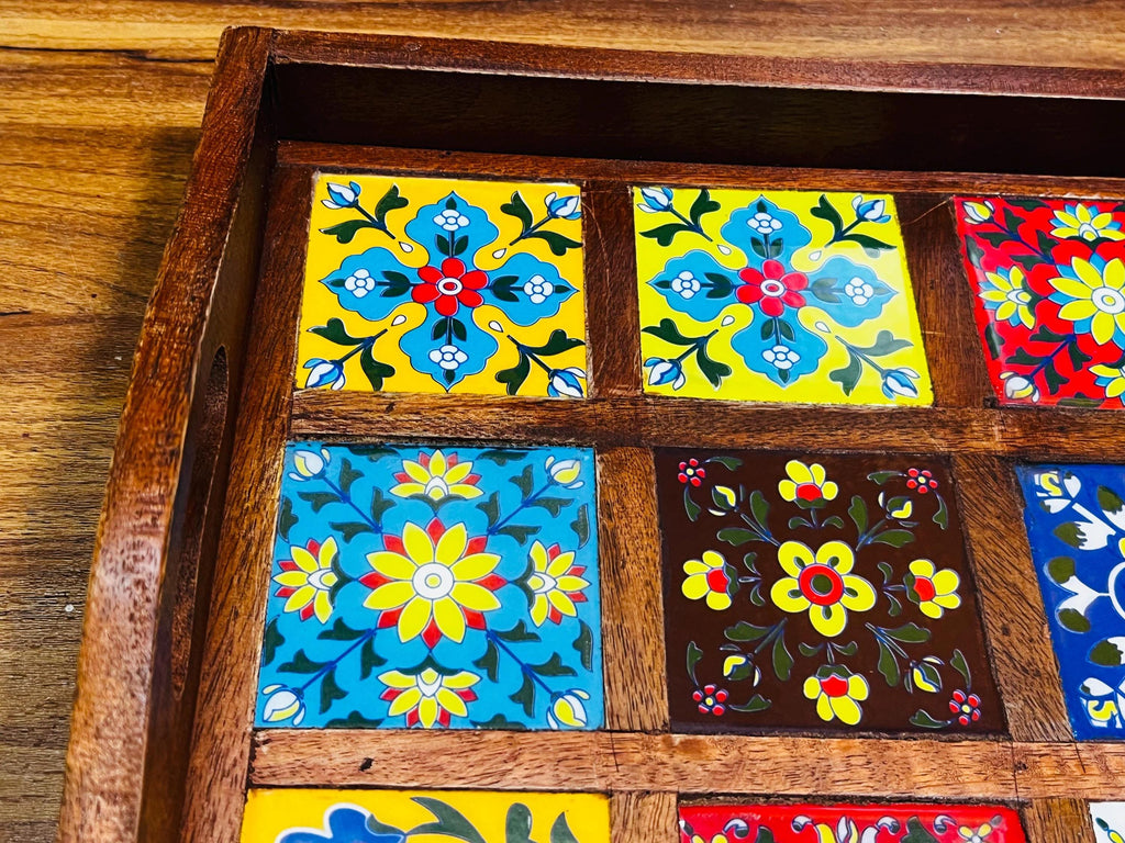 Wooden Serving Tray - 12 Ceramic Tiles