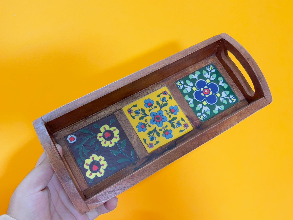 Unique Handcrafted Wooden Serving Tray: Boho Floral 3 Ceramic Tiles tray ( size available)