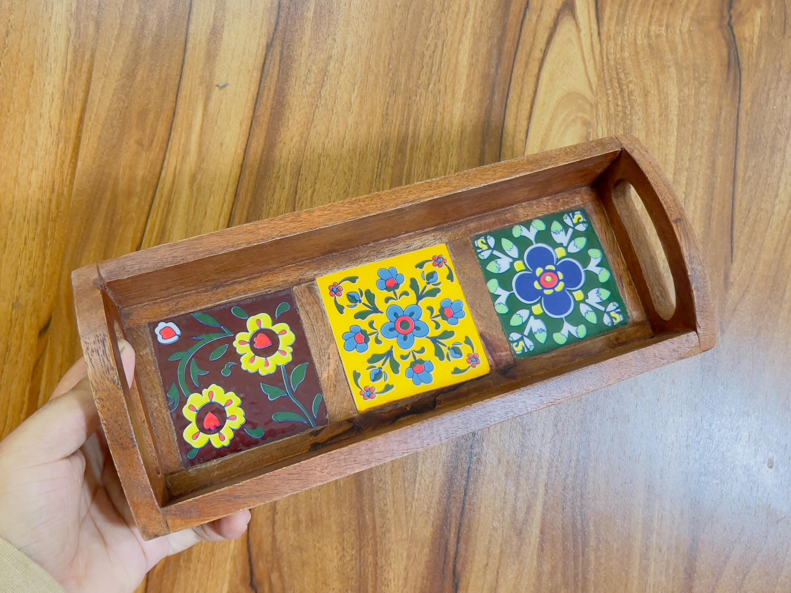 Unique Handcrafted Wooden Serving Tray: Boho Floral 3 Ceramic Tiles tray ( size available)
