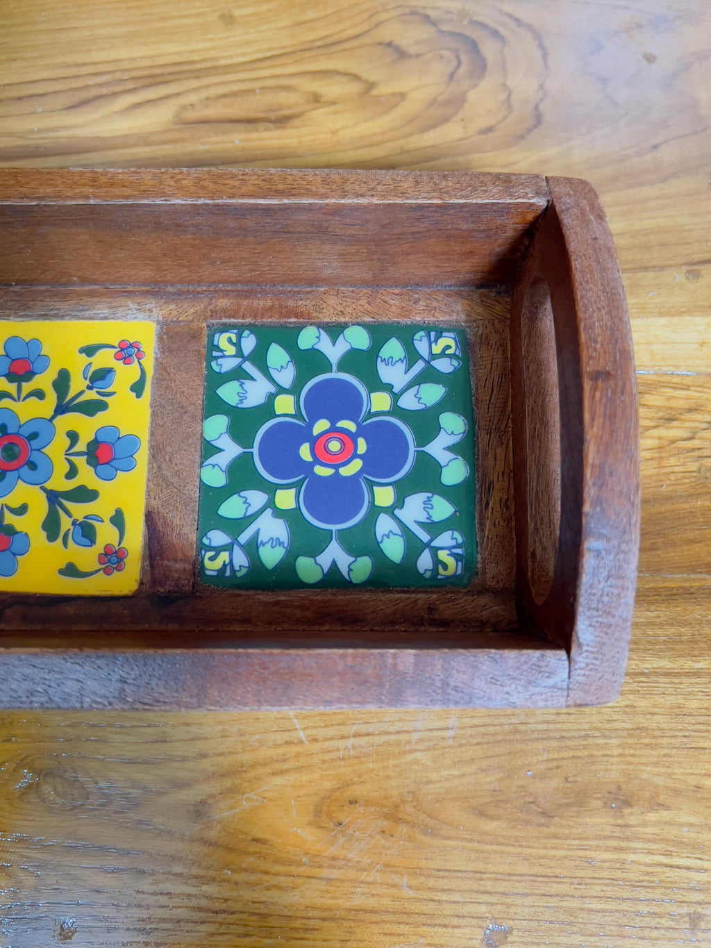 Unique Handcrafted Wooden Serving Tray: Boho Floral 3 Ceramic Tiles tray ( size available)