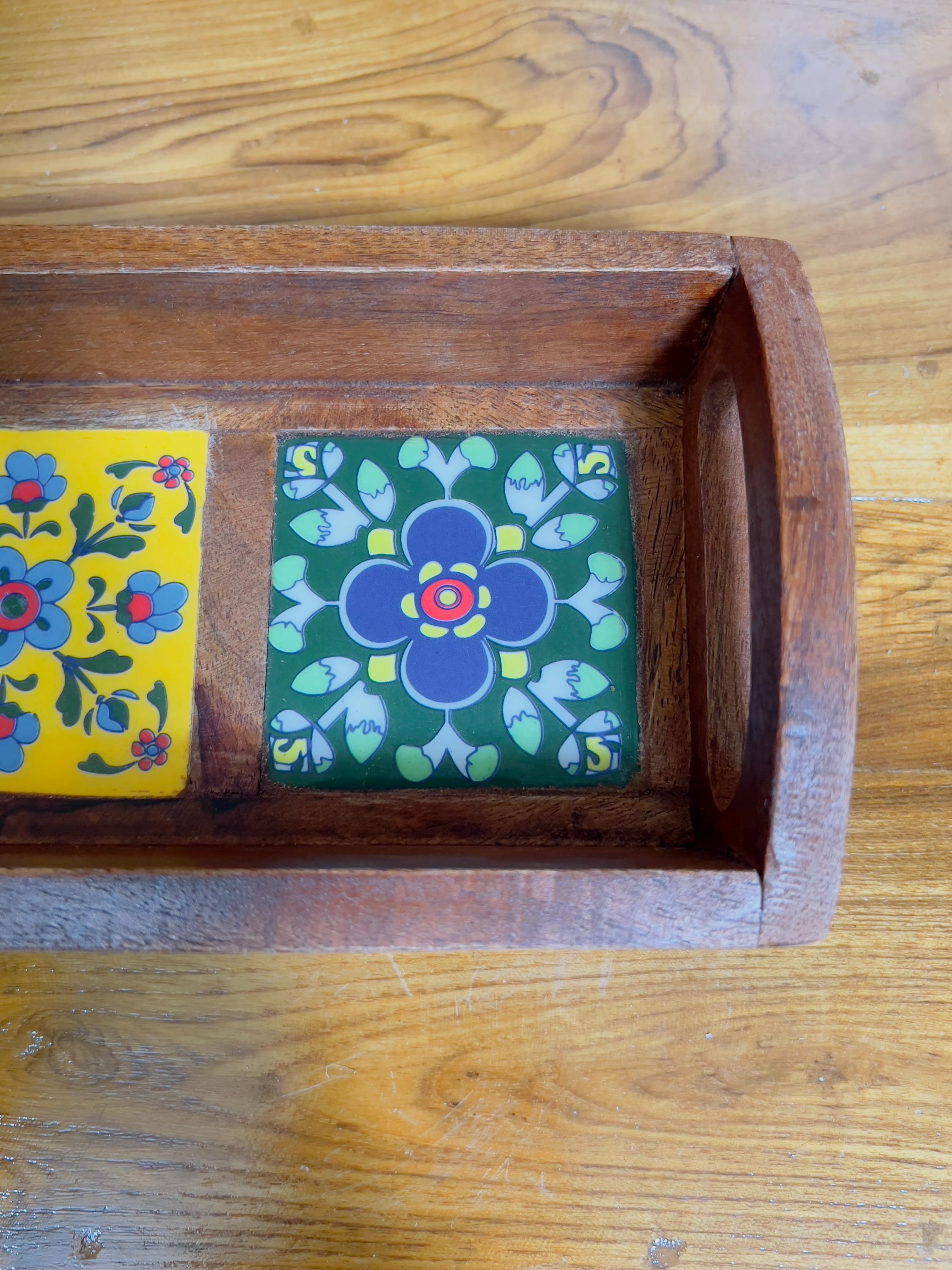 Unique Handcrafted Wooden Serving Tray: Boho Floral 3 Ceramic Tiles tray ( size available)
