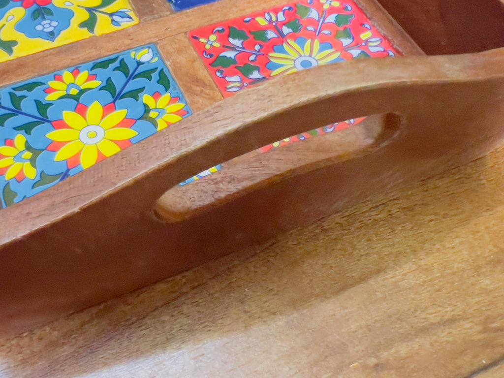 Unique Handcrafted Wooden Serving Tray: Boho Floral 6 Inlay Ceramic Tiles tray ( size available)