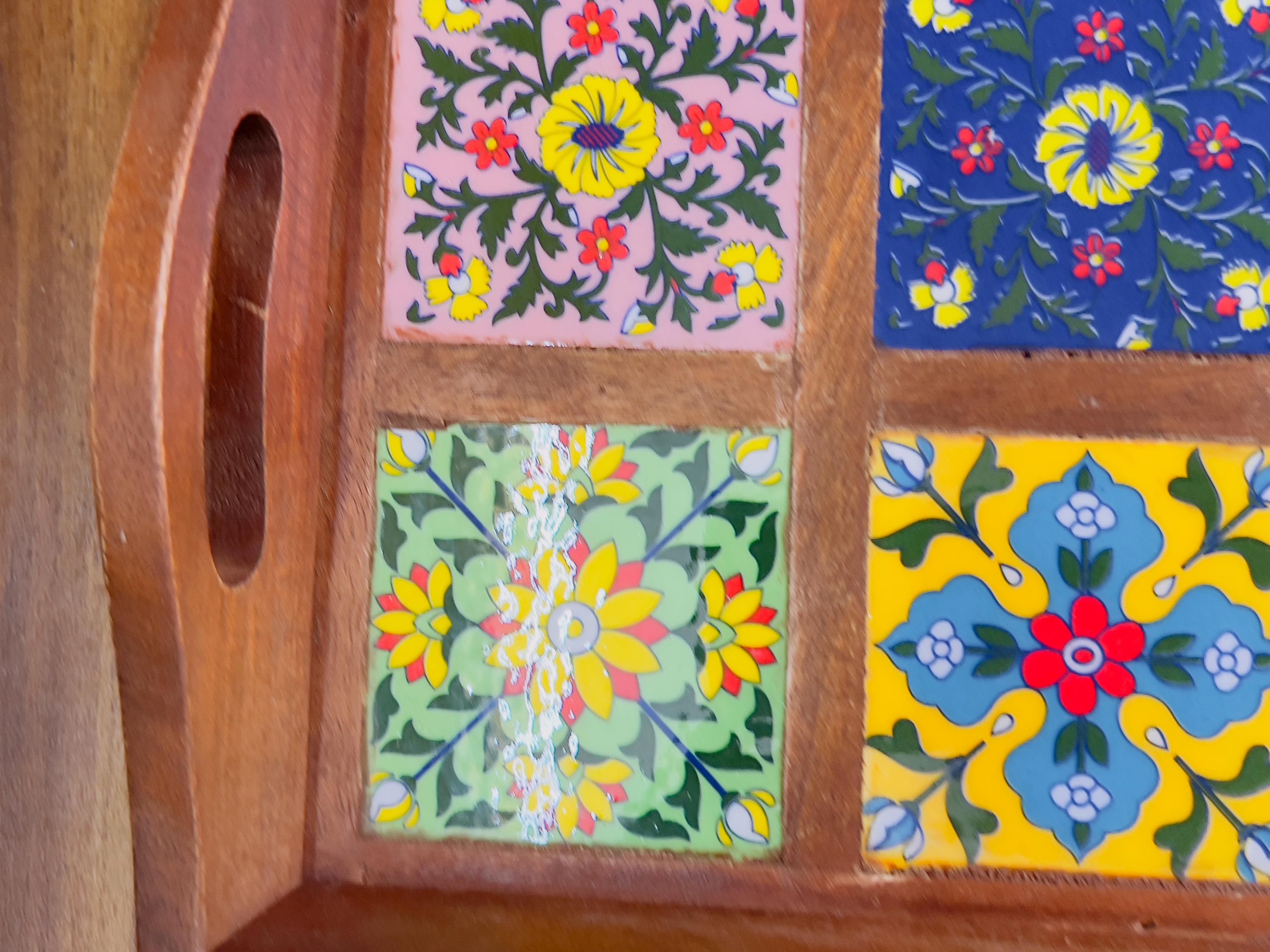 Unique Handcrafted Wooden Serving Tray: Boho Floral 6 Inlay Ceramic Tiles tray ( size available)