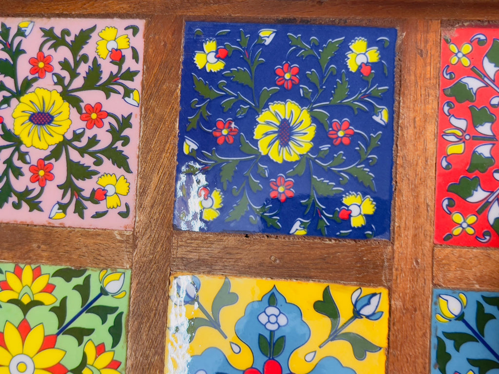 Unique Handcrafted Wooden Serving Tray: Boho Floral 6 Inlay Ceramic Tiles tray ( size available)