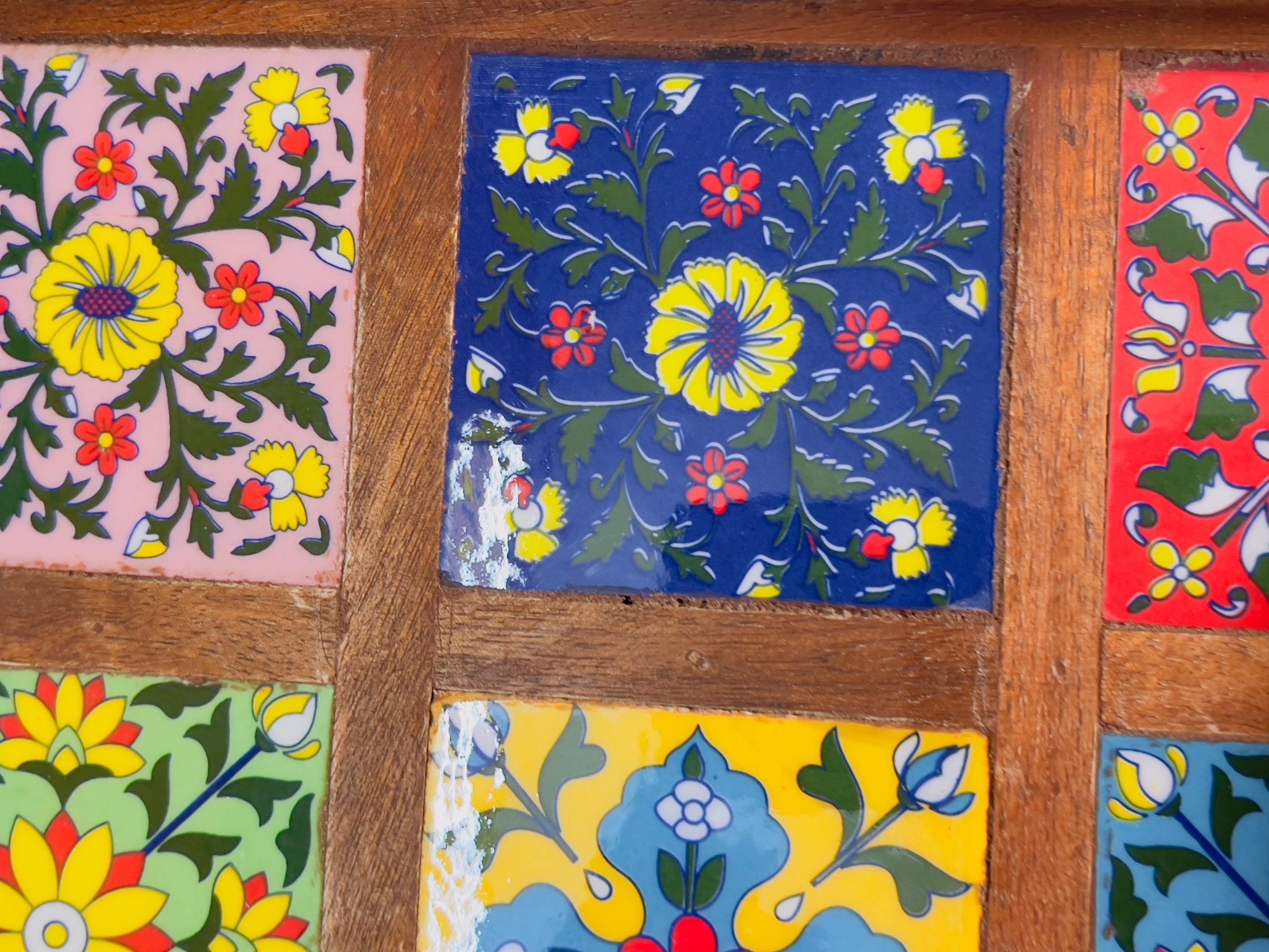 Unique Handcrafted Wooden Serving Tray: Boho Floral 6 Inlay Ceramic Tiles tray ( size available)