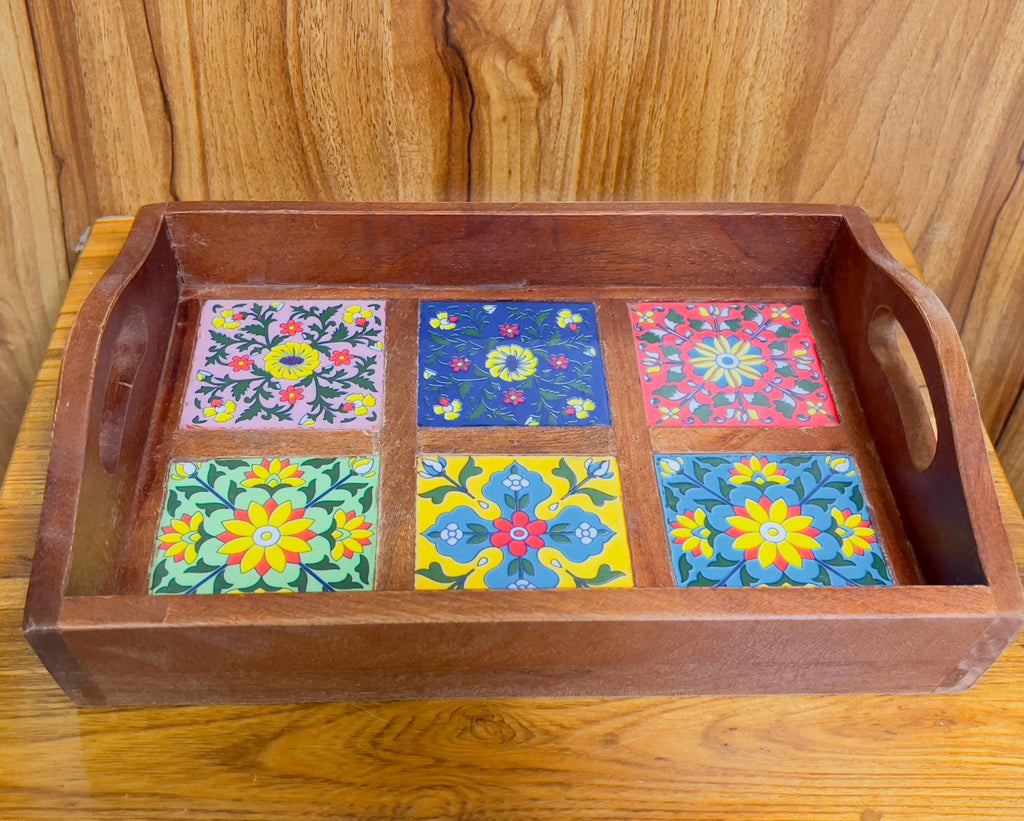 Unique Handcrafted Wooden Serving Tray: Boho Floral 6 Inlay Ceramic Tiles tray ( size available)