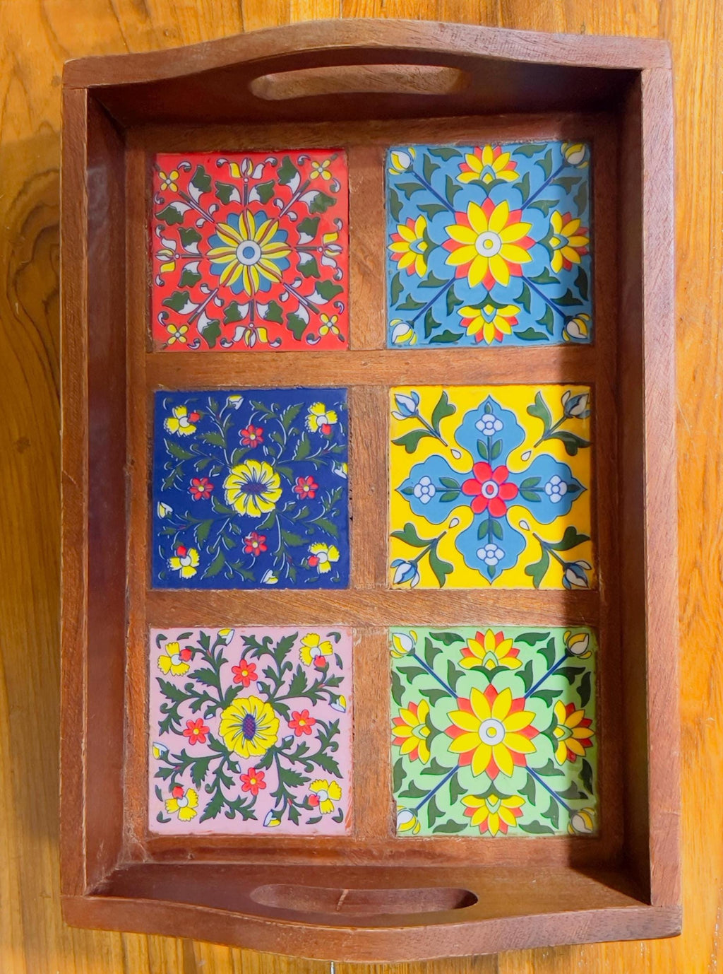 Unique Handcrafted Wooden Serving Tray: Boho Floral 6 Inlay Ceramic Tiles tray ( size available)