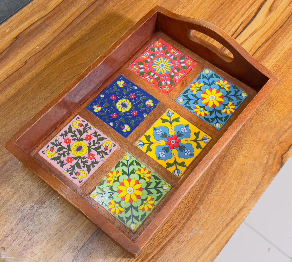 Unique Handcrafted Wooden Serving Tray: Boho Floral 6 Inlay Ceramic Tiles tray ( size available)