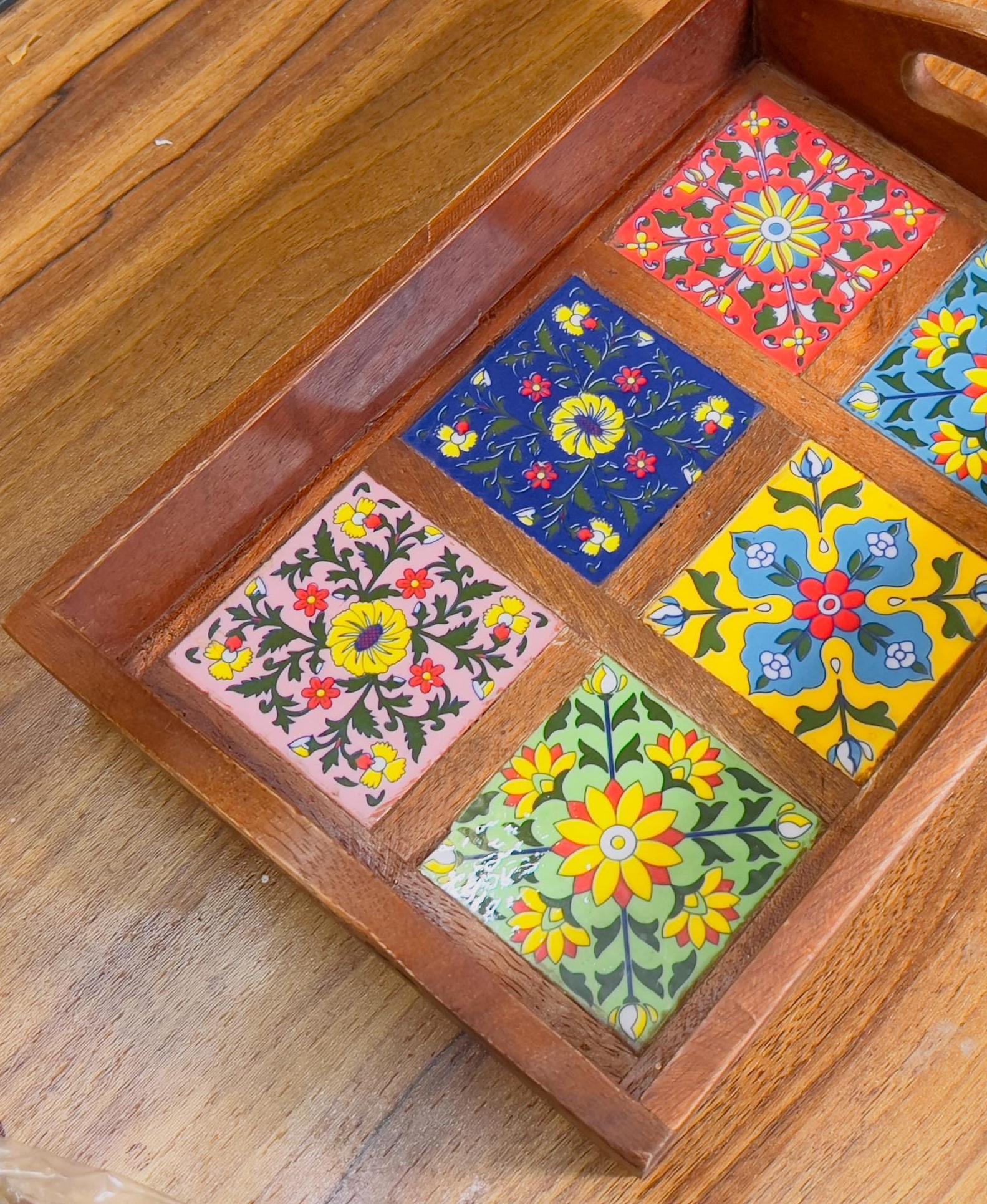 Unique Handcrafted Wooden Serving Tray: Boho Floral 6 Inlay Ceramic Tiles tray ( size available)
