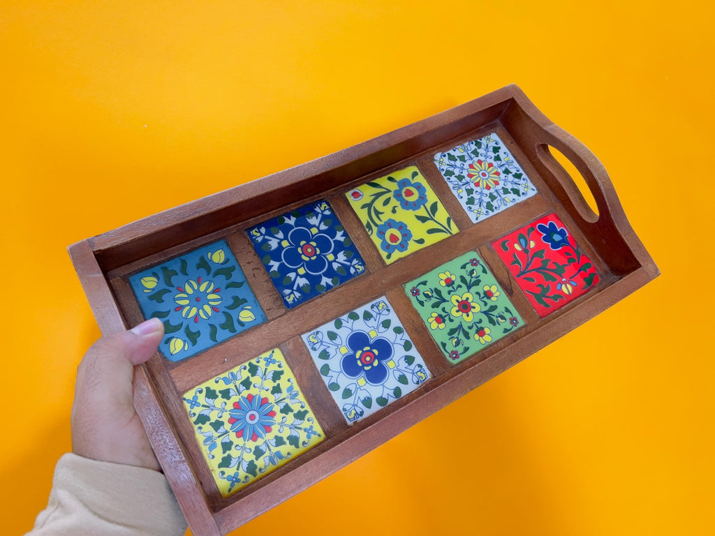 Wooden Serving Tray - 8 Ceramic Tiles