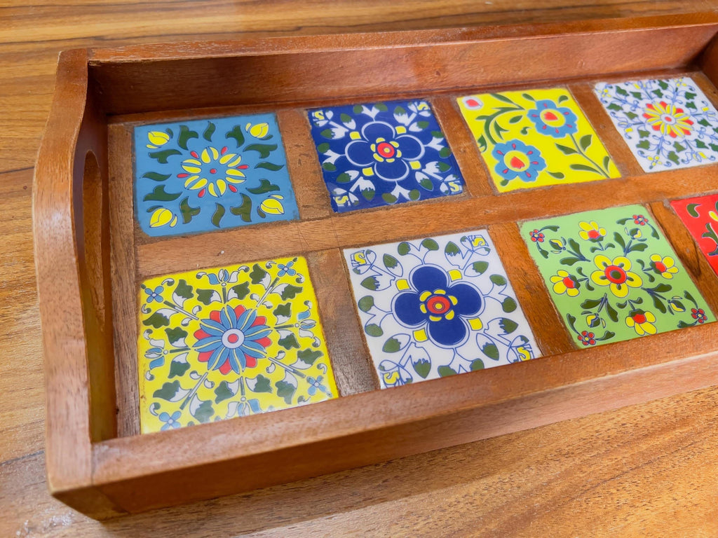 Wooden Serving Tray - 8 Ceramic Tiles