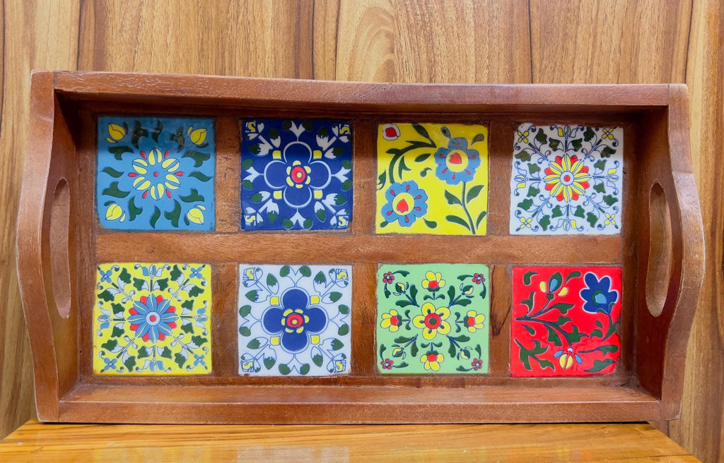 Wooden Serving Tray - 8 Ceramic Tiles