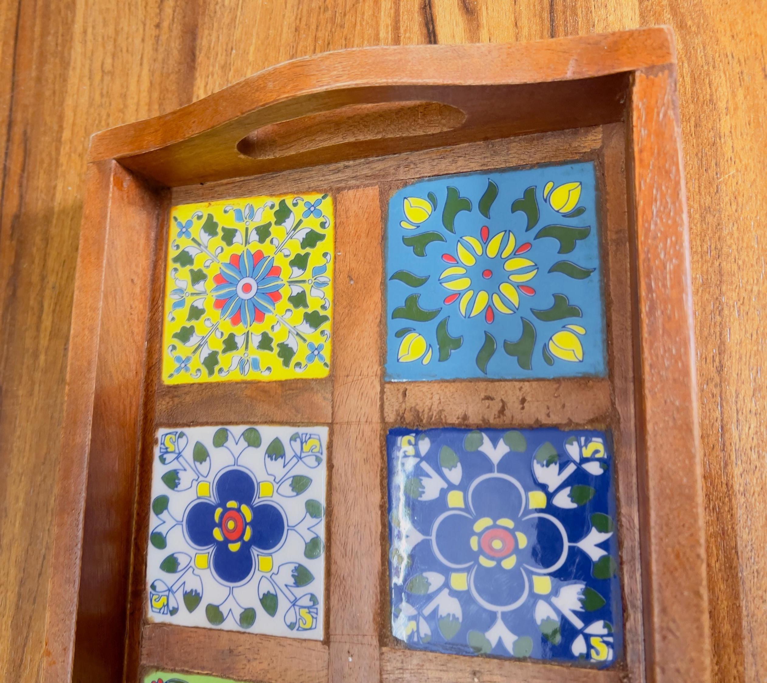 Wooden Serving Tray - 8 Ceramic Tiles