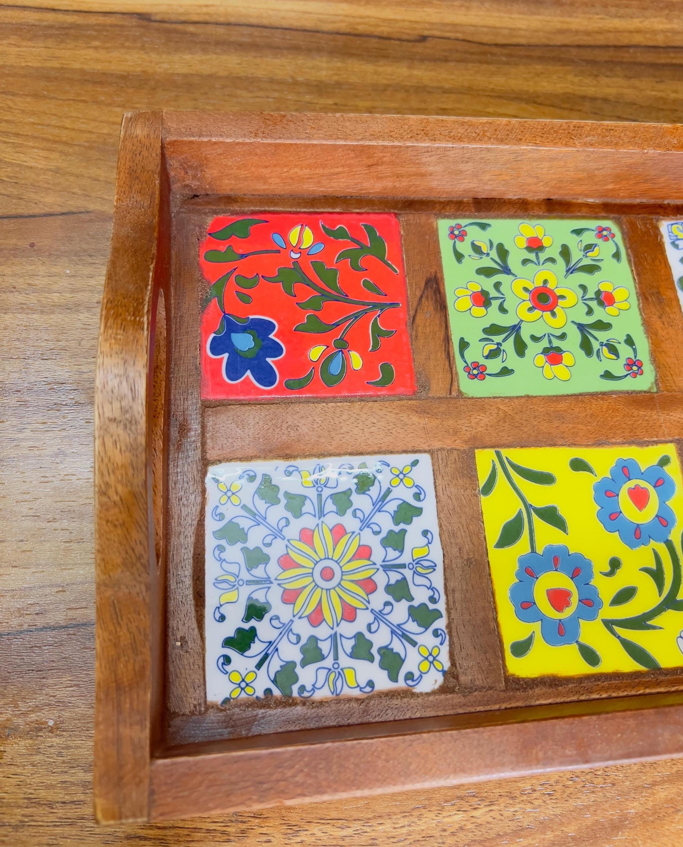 Wooden Serving Tray - 8 Ceramic Tiles