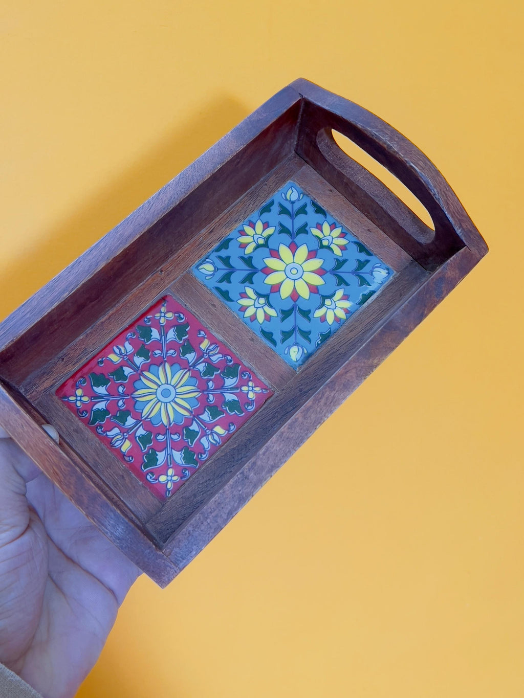 Royal Handcrafted Wooden Serving Tray: Boho Floral 2 Inlay Ceramic Tiles tray