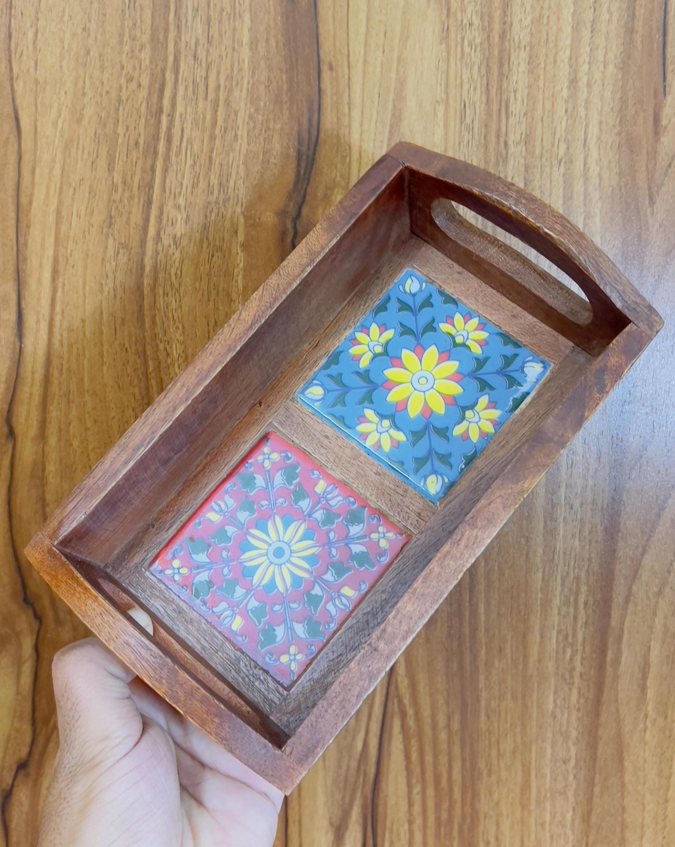 Royal Handcrafted Wooden Serving Tray: Boho Floral 2 Inlay Ceramic Tiles tray