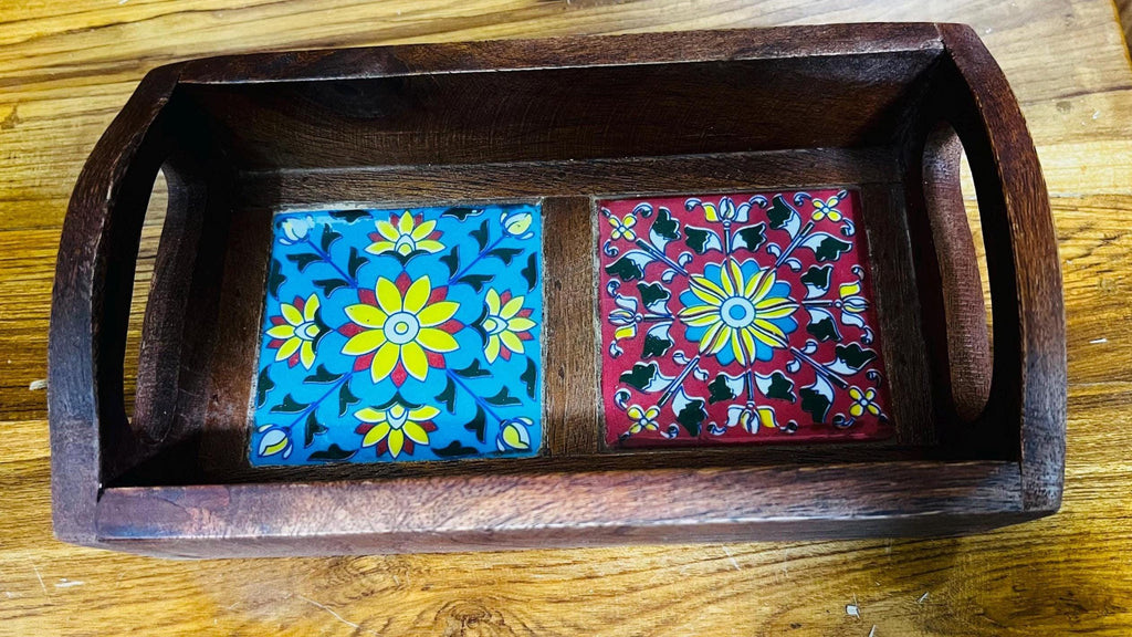 Royal Handcrafted Wooden Serving Tray: Boho Floral 2 Inlay Ceramic Tiles tray
