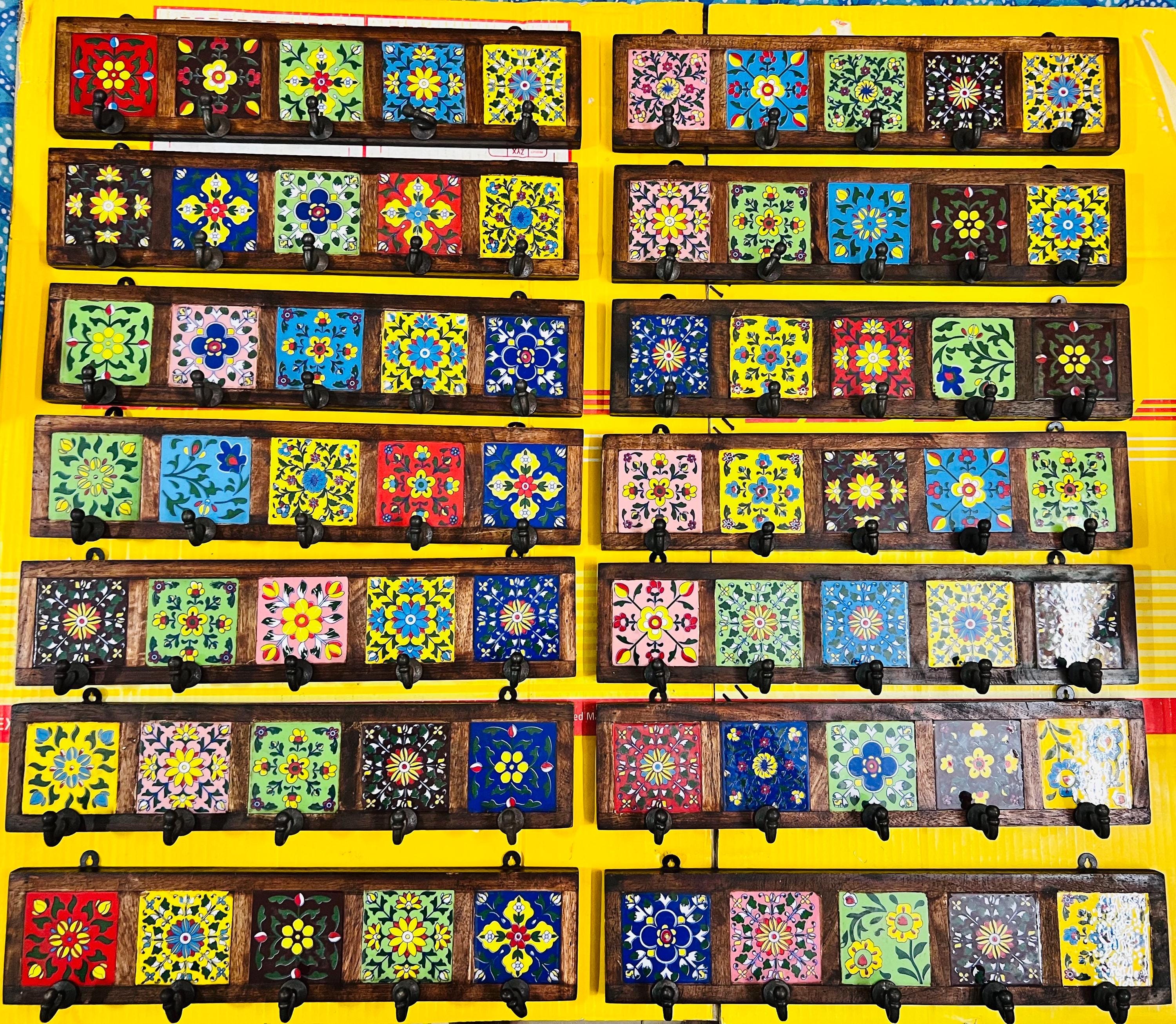 Wooden Key Holder - Ceramic Tile Inlay Entryway Rack