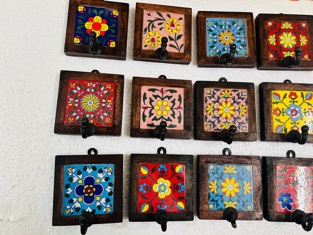 Wooden Key Holder - Ceramic Tile Inlay Entryway Rack