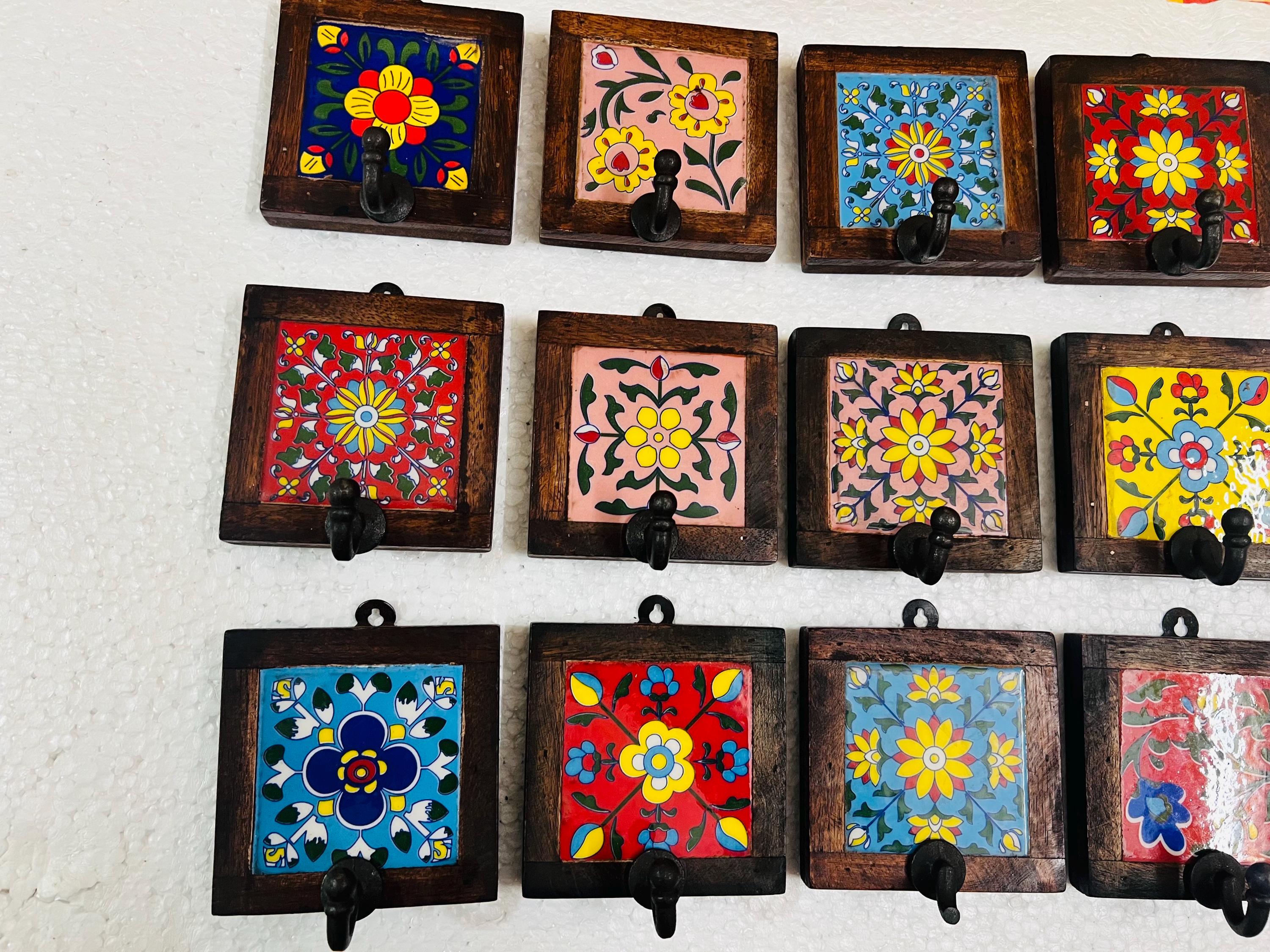 Wooden Key Holder - Ceramic Tile Inlay Entryway Rack