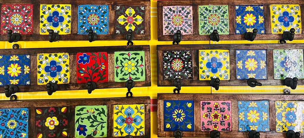 Wooden Key Holder - Ceramic Tile Inlay Entryway Rack