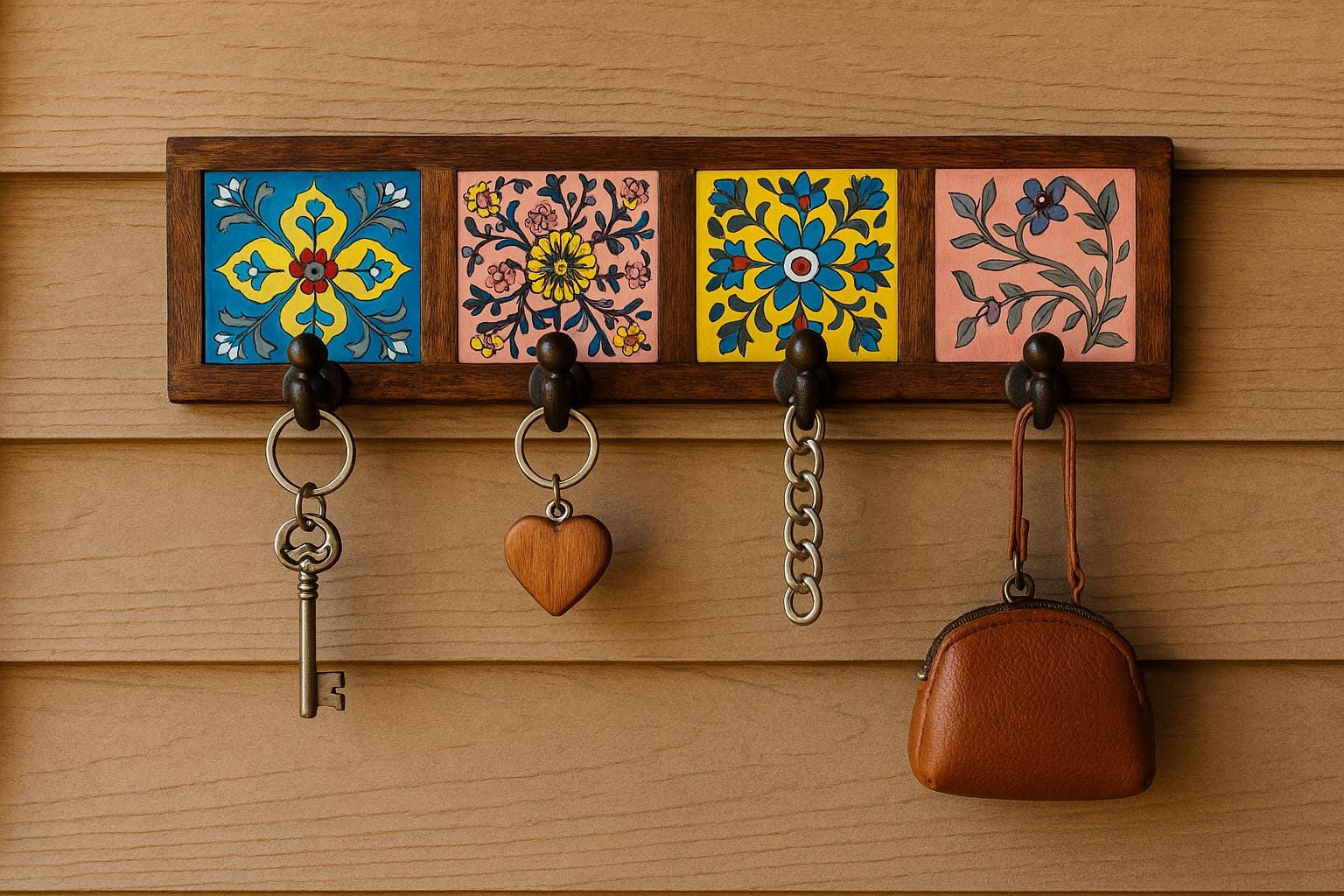 Wooden Key Holder - Ceramic Tile Inlay Entryway Rack