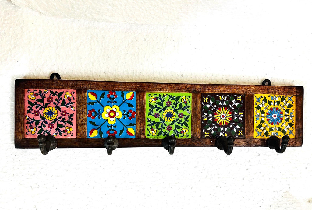 Wooden Key Holder - Ceramic Tile Inlay Entryway Rack