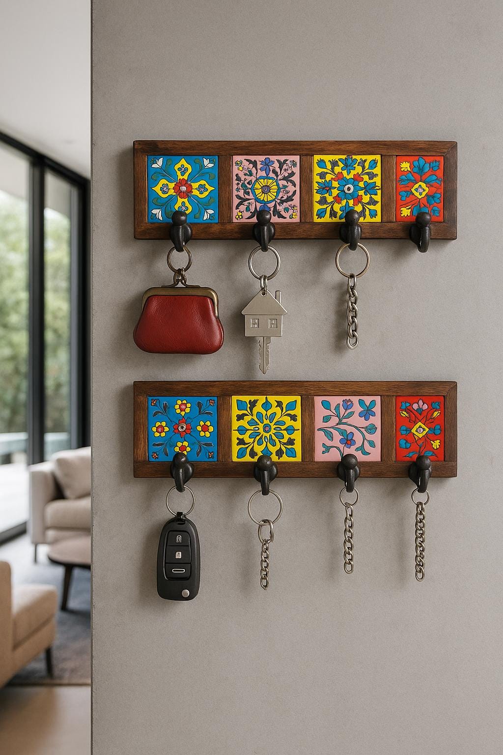Wooden Key Holder - Ceramic Tile Inlay Entryway Rack