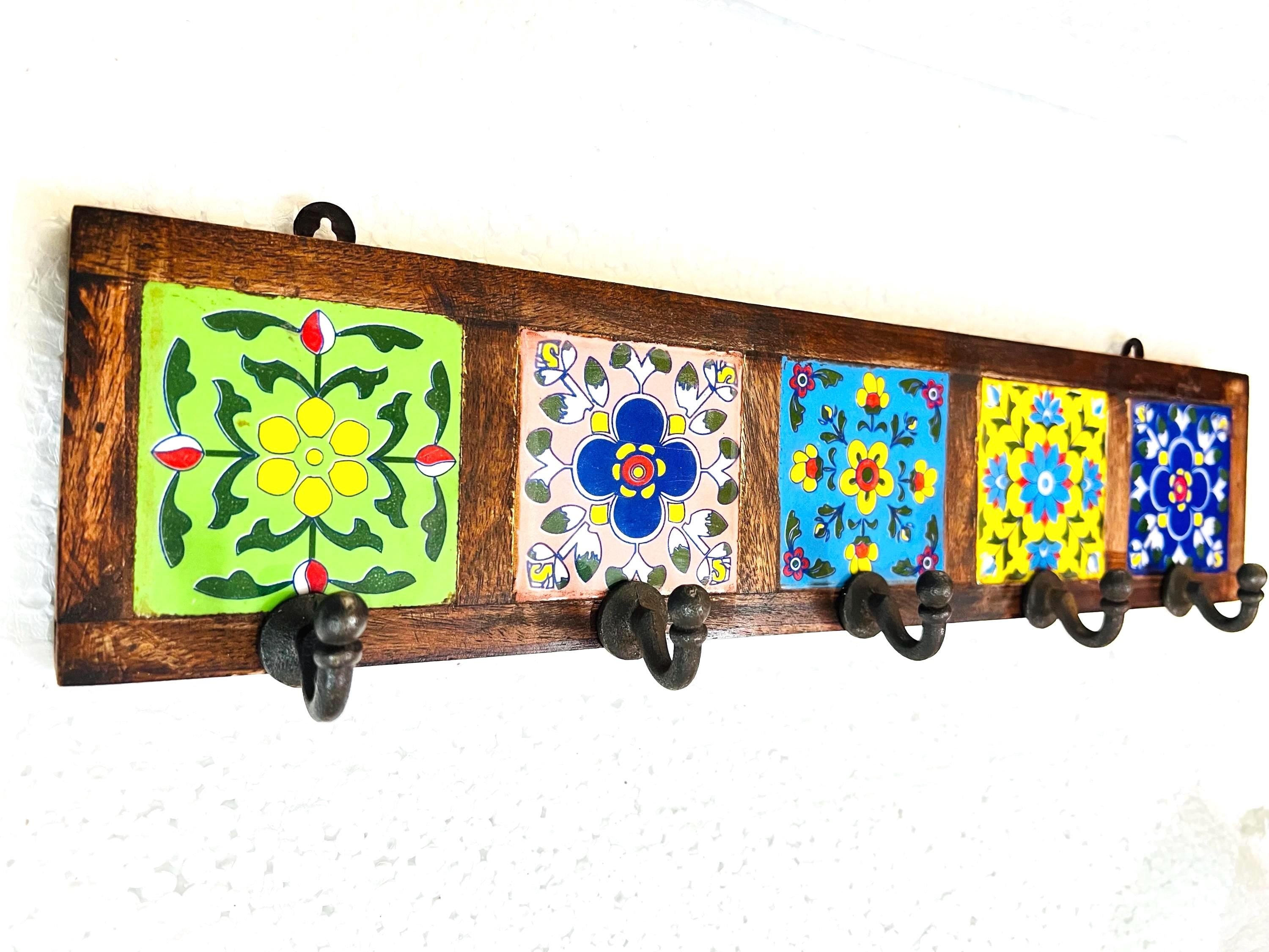 Wooden Key Holder - Ceramic Tile Inlay Entryway Rack