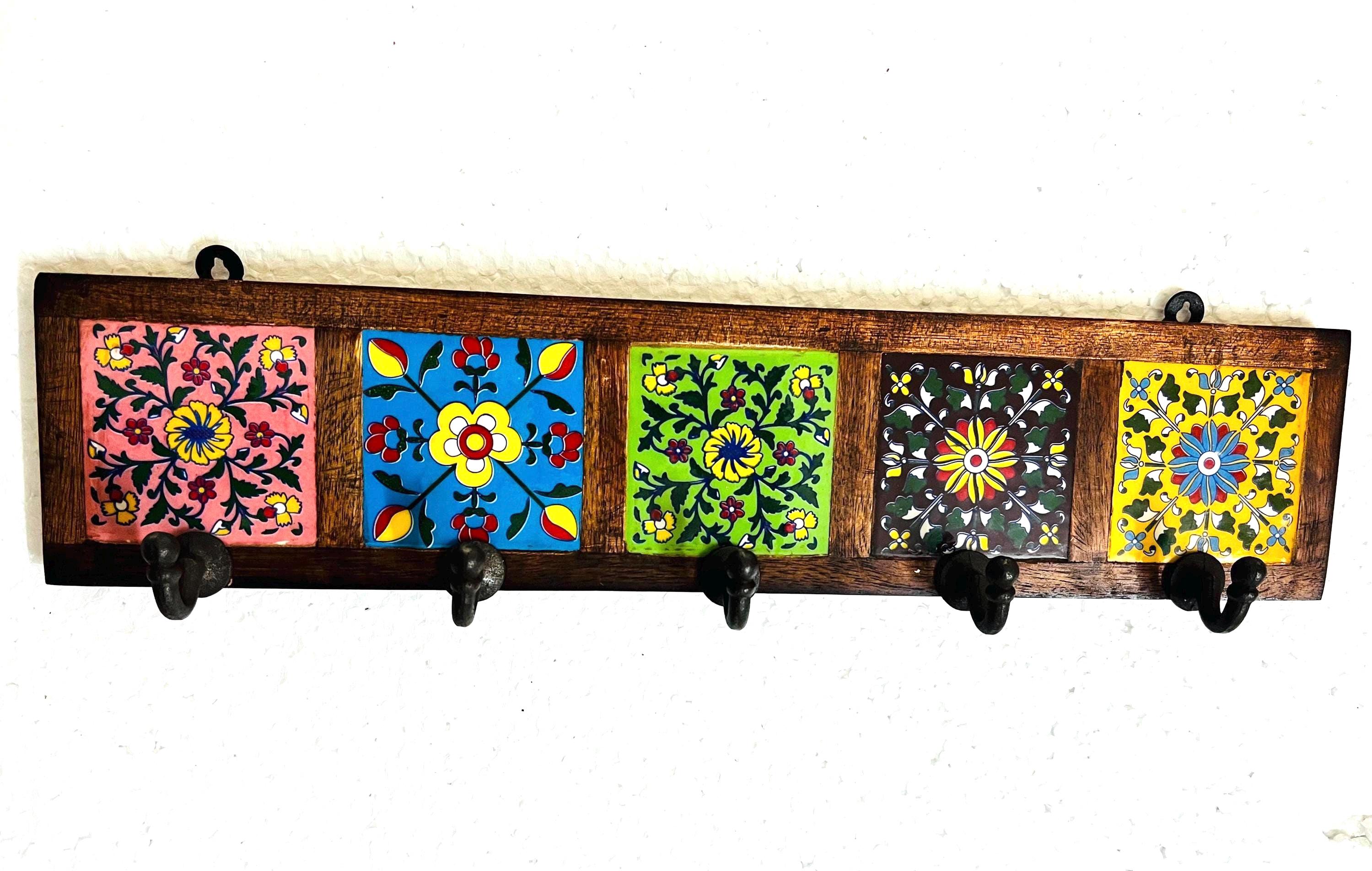 Wooden Key Holder - Ceramic Tile Inlay Entryway Rack