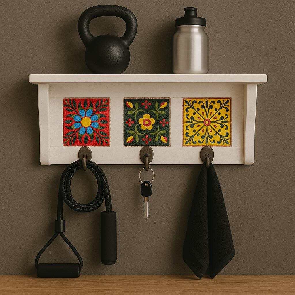 Rustic White  Ceramic Tile Key Rack  Minimalist Wooden Wall Hook for Entryway or Office