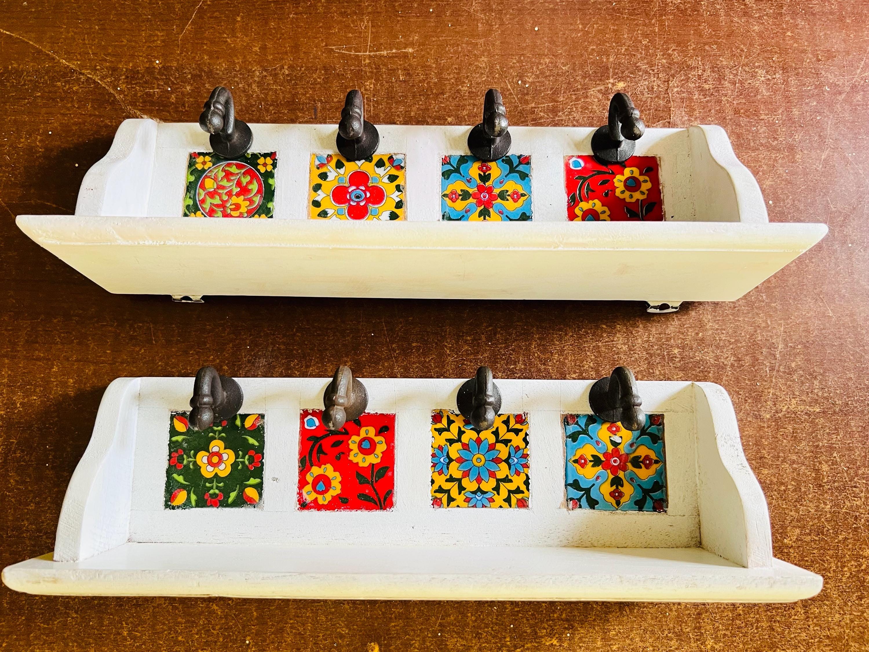 Key Holder Rustic White Wood : Colorful Ceramic Tile Rack