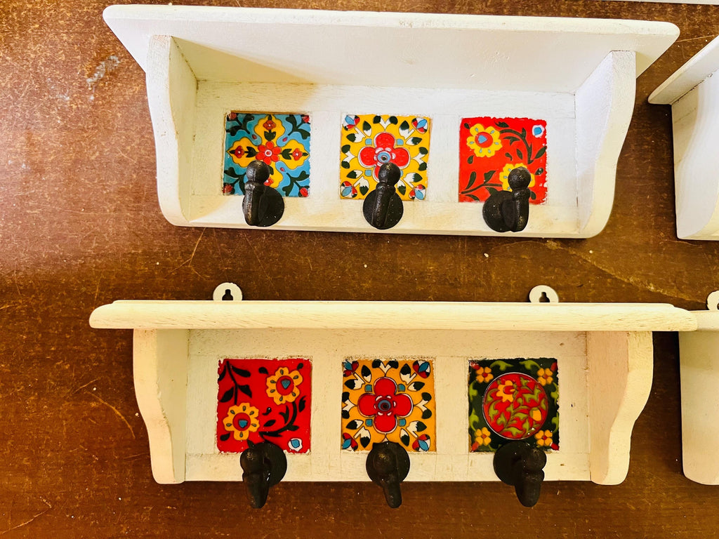 Key Holder Rustic White Wood : Colorful Ceramic Tile Rack